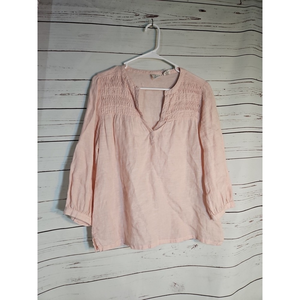 JOIE Linen V Neck Pintuck Accent 3/4 Sleeve Dusty Pink Beach Vacation Blouse SzM